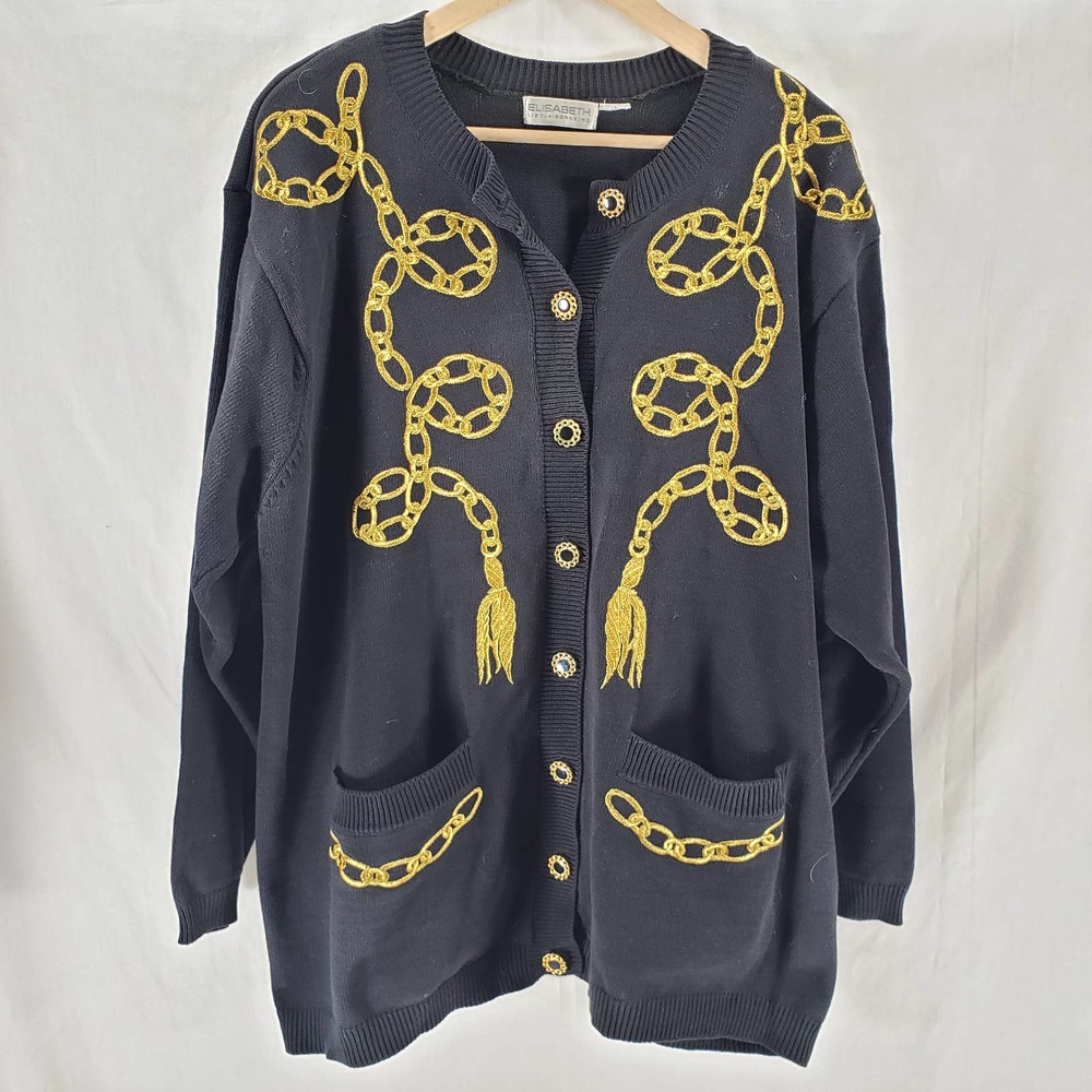 Elisabeth by Liz Claiborne Size 1X* Cardigan Black and Gold Chain Button-Down